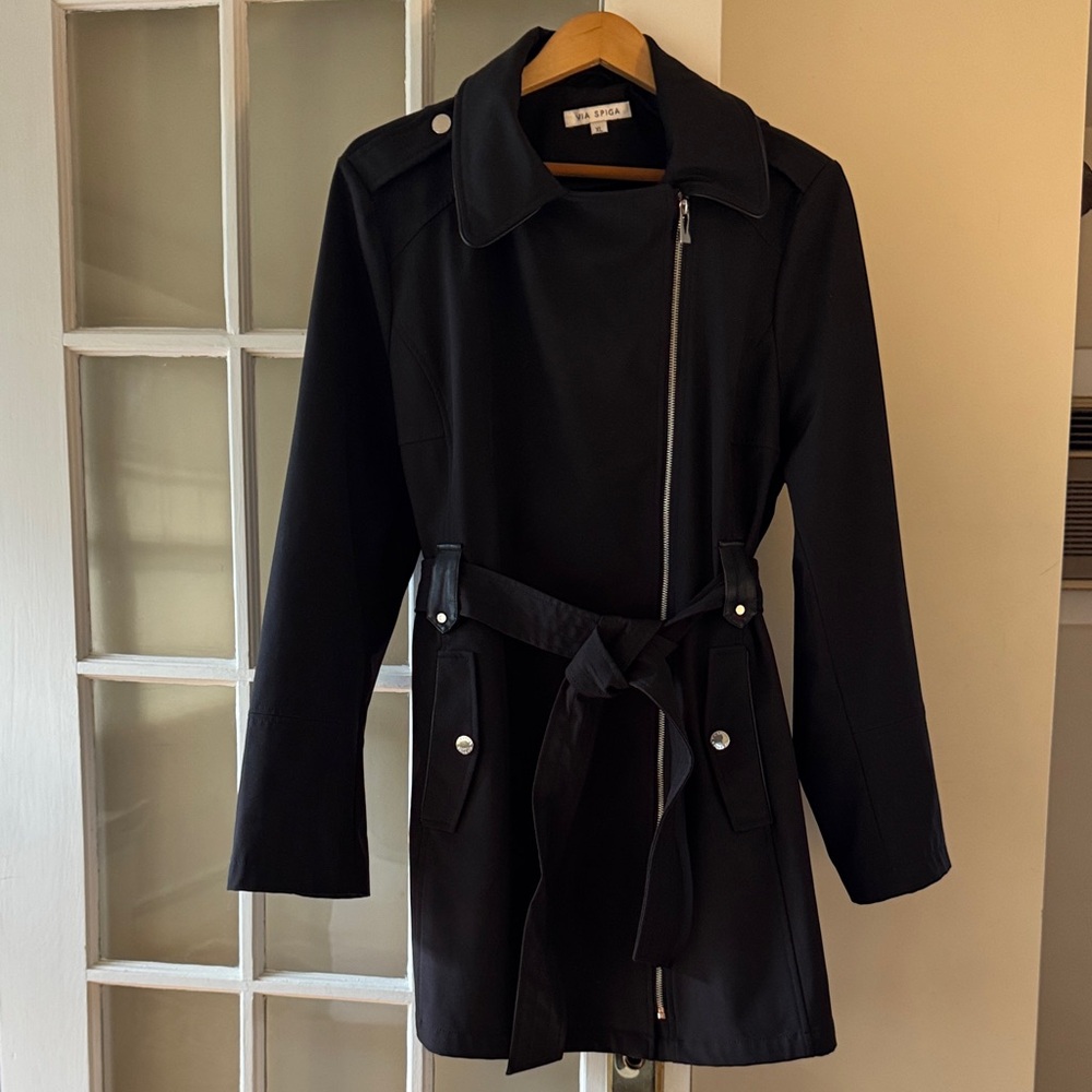 Via Spiga Black Belted Trench Coat with Hood